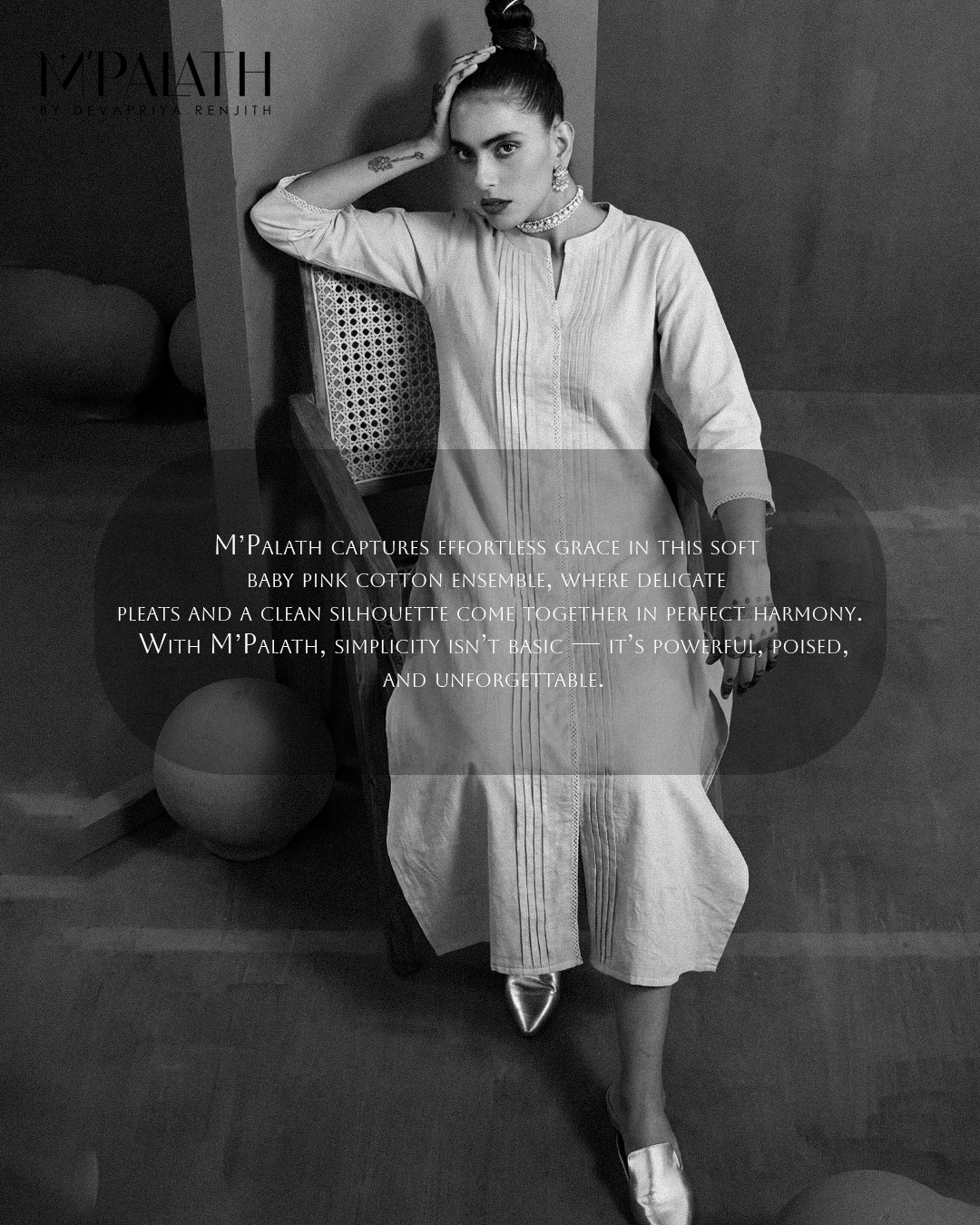 M'PALATH baby pink cotton ensemble with delicate pleats in black and white editorial
